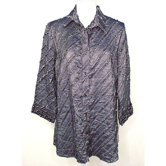 Womens Vintage Denim Like Fringe Button Down Front Back Blouse Shirt Boho Chic L - Picture 1 of 12
